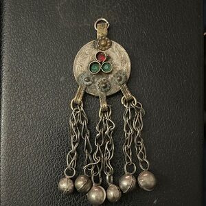 Kuchi Vintage Silver Pendant with Red and Green Accents